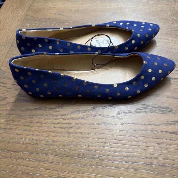 Express Shoes Womens Size 8 Royal Blue Pointed Toe Flats Gold Polka Dot Slip On - Picture 2 of 7